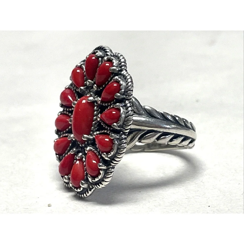 Carolyn Pollack American West 925 Sterling Silver Red Coral Cluster Ring Size 6